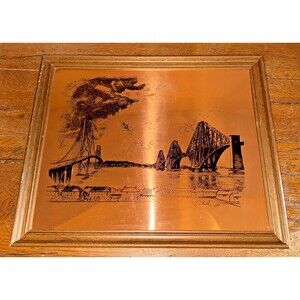 Vintage Pentland Copper Craft Copper Etched Framed Art Swing Bridges Signed 1980